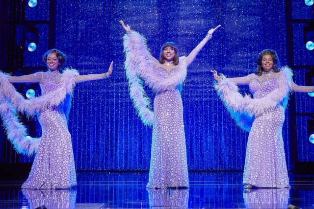 Asmeret Ghebremichael (Lorrell Robinson), Liisi LaFontaine (Deena Jones) and Amber Riley (Effie White) in Dreamgirls