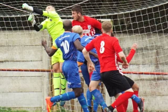 Goalmouth action from Teversal's 4-0 win over Borrowash Victoria. (PHOTO BY: Keith Parnill)