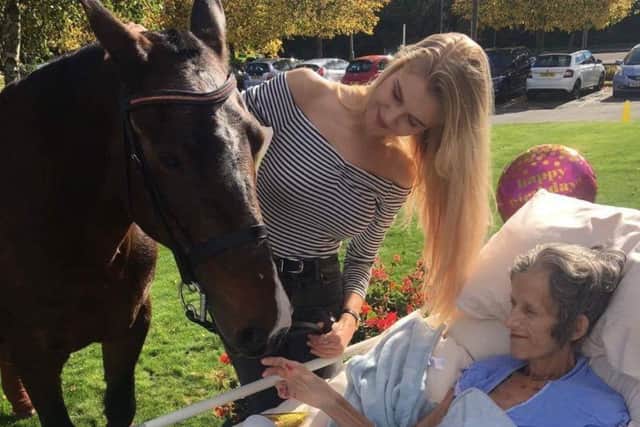 Jill Dowson 56 ,patient at Suttons John Eastwood Hospice reunited with her 13 year old pony Raffles, pictured with daughter Laura, 19.
