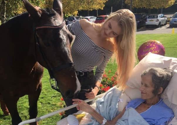 Jill Dowson 56 ,patient at Suttons John Eastwood Hospice reunited with her 13 year old pony Raffles, pictured with daughter Laura, 19.