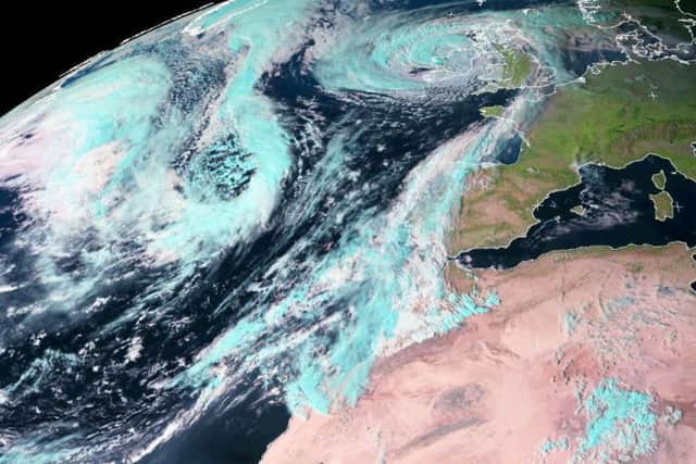 Satellite imagery shows Ophelia's path over the UK.