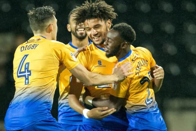 Notts County vs Mansfield Town - Lee Angol of Mansfield Town celebrates his goal - Pic By James Williamson