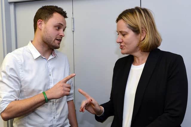 Home Secretary Amber Rudd in Mansfield. Seen talking to MP Ben Bradley.