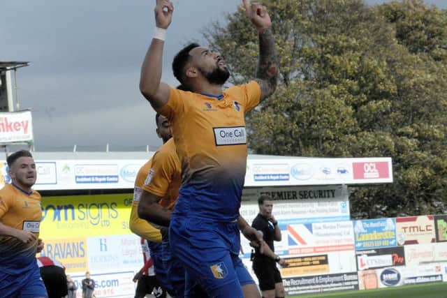 Mansfield Town v Exeter City.Kane Hemmings celebrates his first half goal.