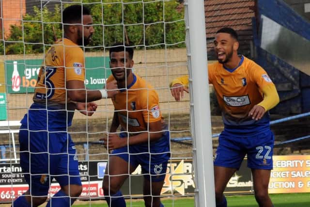 Mansfield Town v Exeter City.Kane Hemmings celebrates his first half goal.