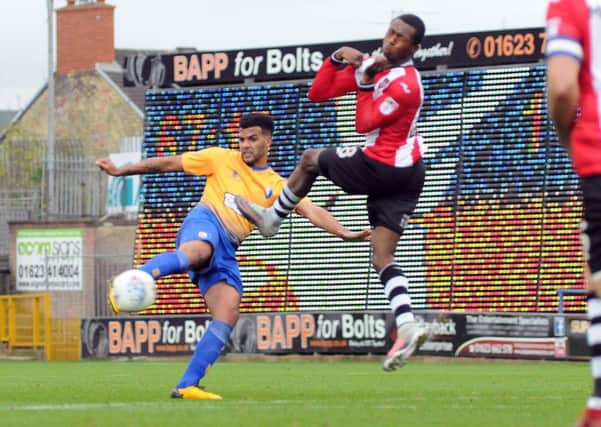 Mansfield Town v Exeter City.
Jacob Mellis has a crack at goal in the second half.