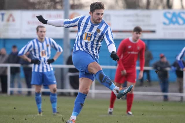 Kieran Watson, who scored Shirebrooks only goal, from the penalty spot.