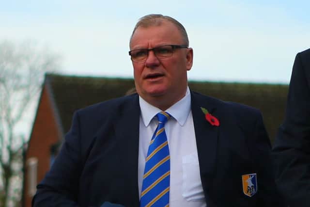 Steve Evans (Manager)  of Mansfield Town during the FA Cup match between Shaw Lane AFC and Mansfield Town at Sheerien Park, Barnsley, England on 4 November 2017. Photo by Stephen Gaunt/PRiME Media Images