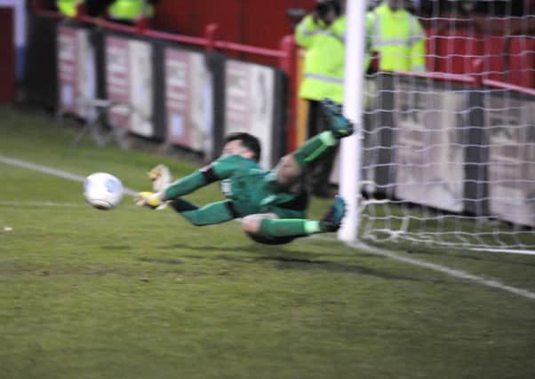 Bradley Wood's penalty is saved by York City 'keeper Adam Bartlett to deny Alfreton Town a share of the spoils. (PHOTO BY: Anne Shelley)
