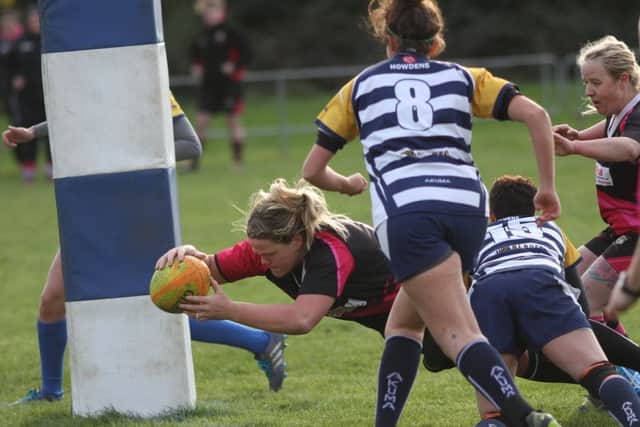 Debutant Abby Wood powers over the try-line to give Ashfield Ladies the lead at York. (PHOTO BY: Lewis Outing)