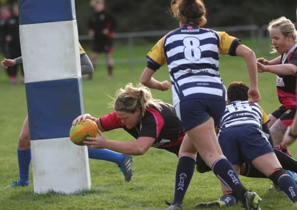 Debutant Abby Wood powers over the try-line to give Ashfield Ladies the lead at York. (PHOTO BY: Lewis Outing)
