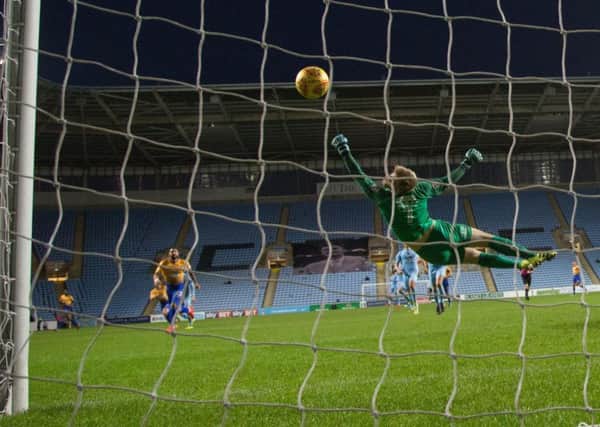 Coventry City vs Mansfield Town - Alex MacDonald of Mansfield Town scores - Pic By James Williamson