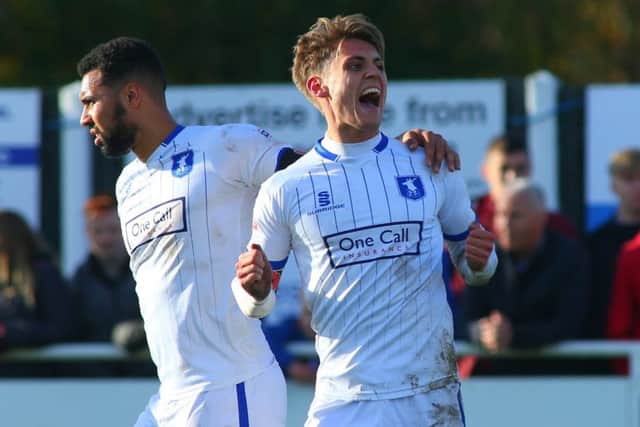 Danny Rose of Mansfield Town celebrates scoring the 2nd goal against Shaw Lane AFC  during the FA Cup match between Shaw Lane AFC and Mansfield Town at Sheerien Park, Barnsley, England on 4 November 2017 Photo by Stephen Gaunt/PRiME Media Images