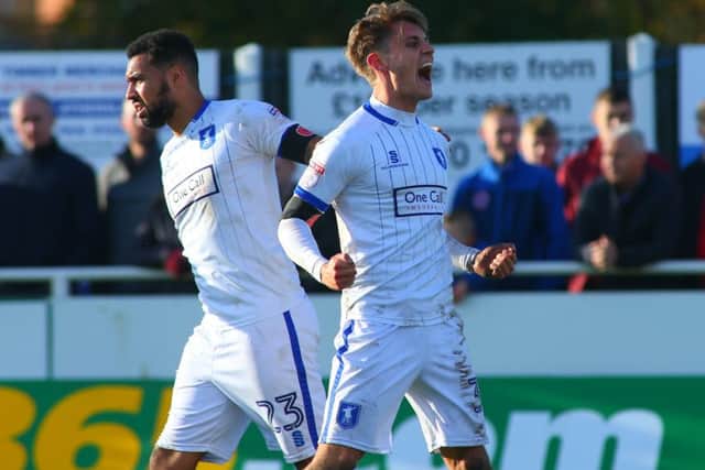 Danny Rose of Mansfield Town celebrates scoring the 2nd goal against Shaw Lane AFC during the FA Cup match between Shaw Lane AFC and Mansfield Town at Sheerien Park, Barnsley, England on 4 November 2017 Photo by Stephen Gaunt/PRiME Media Images
