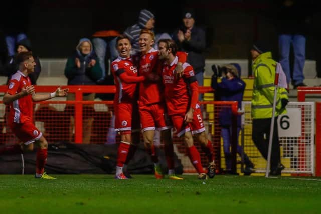 Crawley celebrate against Stags on Saturday. Photo by 'The Bigger Picture'