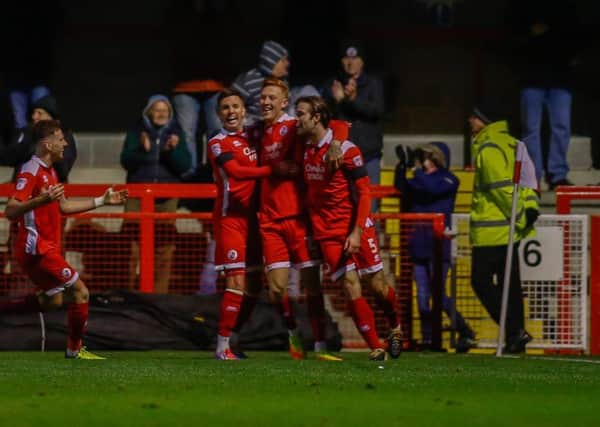 Crawley celebrate against Stags on Saturday. Photo by 'The Bigger Picture'