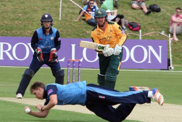 A brilliant diving stop off his own bowling by Derbyshire all-rounder Matt Critchley for Derbyshire. (PHOTO BY: Eric Gregory)