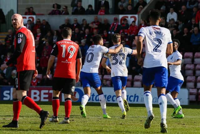 Mansfield Town's Danny Rose celebrates  his early goal at Morecambe earlier this year. - Photo by Chris Holloway