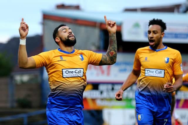 Kane Hemmings of Mansfield Town celebrates scoring during the Sky Bet League 2 match between Mansfield Town and Stevenage at the One Call Stadium, Mansfield, England on 18 November 2017. Photo by Leila Coker / PRiME Media Images.