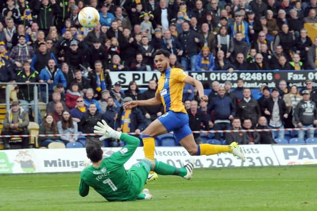 Mansfield Town v Portsmouth.
Matt Green looks on as his chipped shot goes over the bar.