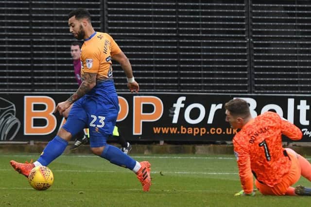 Picture Andrew Roe/AHPIX LTD, Football, EFL Sky Bet League Two, Mansfield Town v Carlisle United, One Call Stadium, 01/01/18, K.O 3pmMansfield's Kane Hemmings scores the opening goalAndrew Roe>>>>>>>07826527594