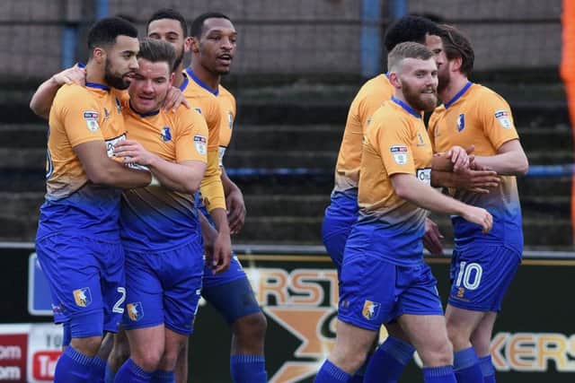 Picture Andrew Roe/AHPIX LTD, Football, EFL Sky Bet League Two, Mansfield Town v Carlisle United, One Call Stadium, 01/01/18, K.O 3pmMansfield's players celebrate Kane Hemmings'opening goalAndrew Roe>>>>>>>07826527594