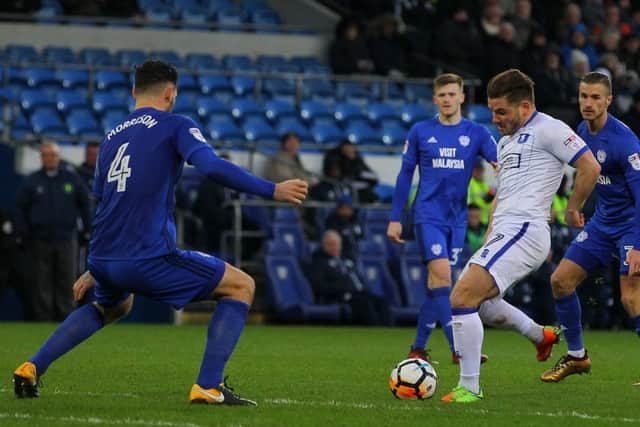 Picture by Gareth Williams/AHPIX.com; Football; The Emirates FA Cup; Cardiff City v Mansfield Town; 6/1/18  KO 15.00; Cardif City Stadium; copyright picture; Howard Roe/AHPIX.com; Mansfield's Alex McDonald shoots but sees his effort deflect wide off Cardiff's Sean Morrison