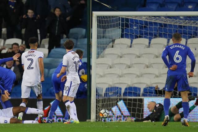 Picture by Gareth Williams/AHPIX.com; Football; The Emirates FA Cup; Cardiff City v Mansfield Town; 6/1/18  KO 15.00; Cardif City Stadium; copyright picture; Howard Roe/AHPIX.com; Cardiff's Greg Halford sees his header brilliantly saved by Mansfield keeper Conrad Logan in injury time