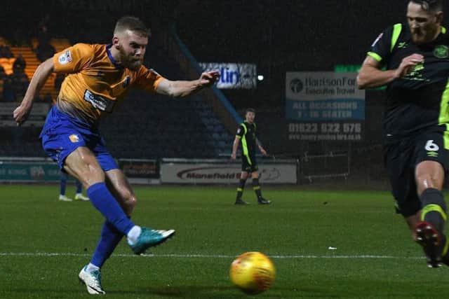 Alfie Potter shoots on goal against Carlisle.