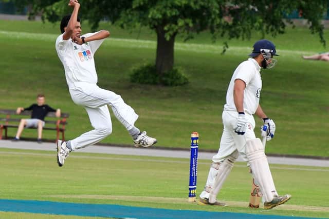 Chesterfield CC 1st XI v Cutthorpe CC 1st XI in the Derbyshire County Cricket League ECB Premier Division. Cutthorpe bowler Muhammad Attari in action.