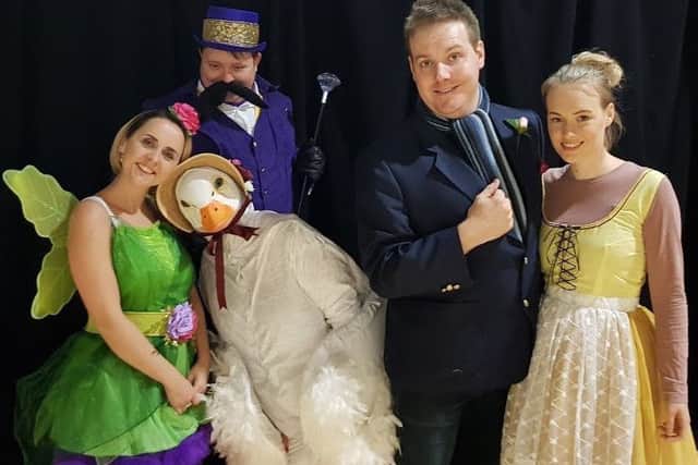 Fairy Fortune (Lyndsey Ashley), Priscilla the Goose (Janet Koszegi), The Squire (Chris Nussey), Colin (Dale Shaw) and Jill (Lianne Brunt) in Bolsover Drama Group's production of Mother Goose.