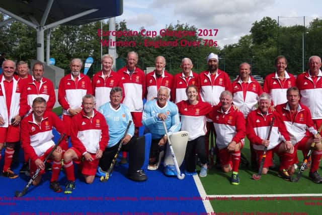 Peter Denley (front row, far right) in the England Over-70s team at the European Senior Grand Masters Cup.
