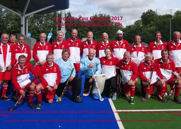 Peter Denley (front row, far right) in the England Over-70s team at the European Senior Grand Masters Cup.