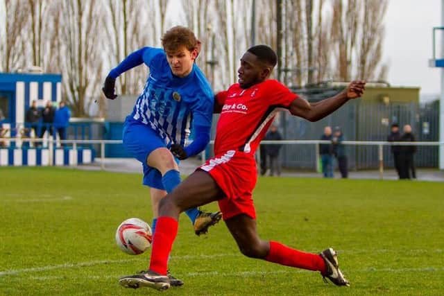 Action from Clipstone's first point of the season, away to Staveley Miners Welfare. (PHOTO BY: Daniel Walker)