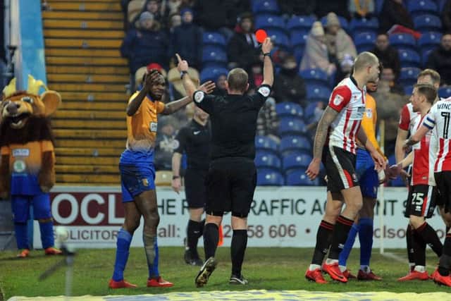 Mansfield Town v Cheltenham Town.Hayden White is sent off in the second half.