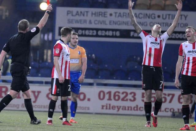 Mansfield Town v Cheltenham Town.Cheltenham's Danny Wright is the third player to be sent off at the One Call Stadium on Saturday.