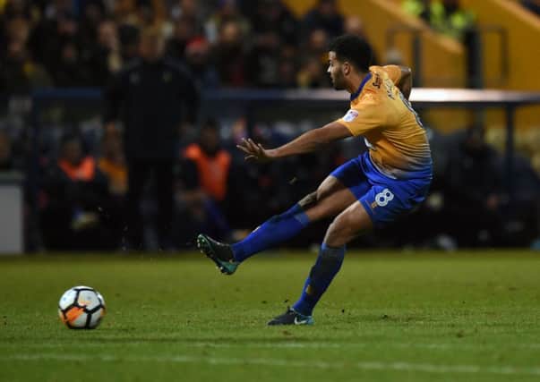 Picture by Howard Roe/AHPIX.com;Football; FA Cup;3rd Round;
Mansfield Town v Cardiff City
16/1/2018 KO 7.450pm; ;Field Mill
copyright picture;Howard Roe;07973 739229

Mansfield's  Jacob mellis has a shot at goal