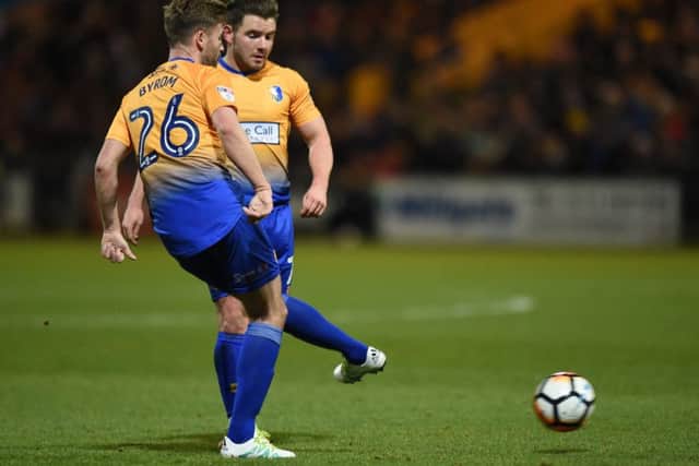 Picture by Howard Roe/AHPIX.com;Football; FA Cup;3rd Round;
Mansfield Town v Cardiff City
16/1/2018 KO 7.450pm; ;Field Mill
copyright picture;Howard Roe;07973 739229
Mansfield's Joel Byrom takes the free kick