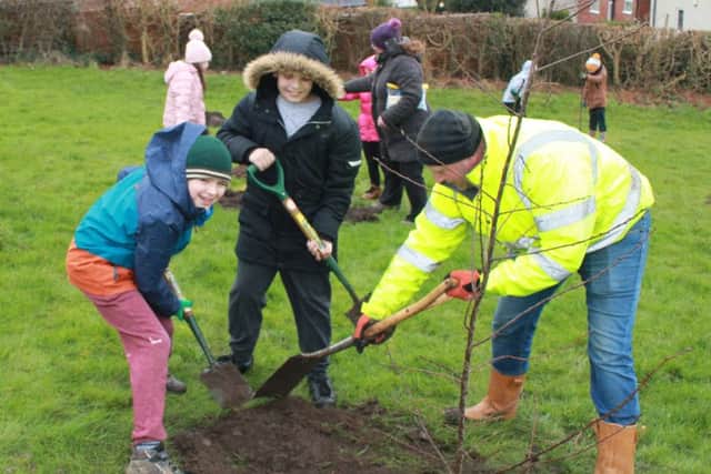 Youngsters from Asquith Primary School planting the new community orchard at Jacksons Field in Mansfield.