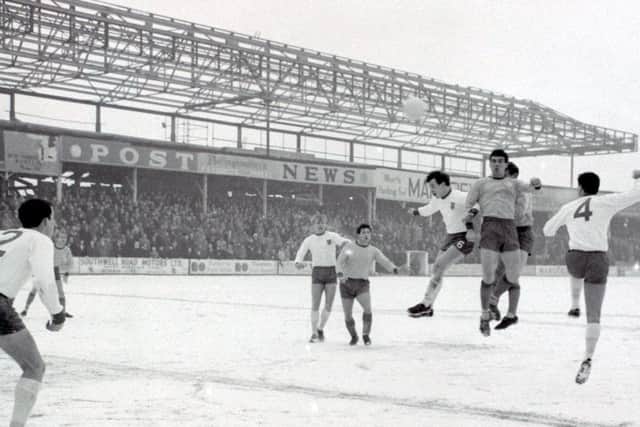 Stags in action against Walsall on a snowy day in January 1966.