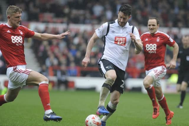 IN PICTURE: Joe Worrall and David Nugent.
SPORT: LEAD: Nottingham Forest v Derby County. Sky Bet Championship match at the City Ground, Nottingham. Saturday, 18th March 2017.
MARK FEAR - MARK FEAR PHOTOGRAPHY. CONTACT markfearphotographer@outlook.com (+44) 753 977 3354