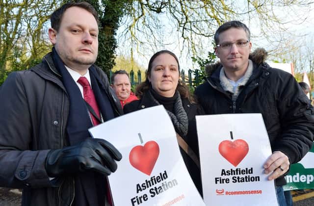 Protesters gather outside Nottinghamshire fire & rescue service HQ. Jason Zadrozny, Samantha Deakin and Matt Relf.