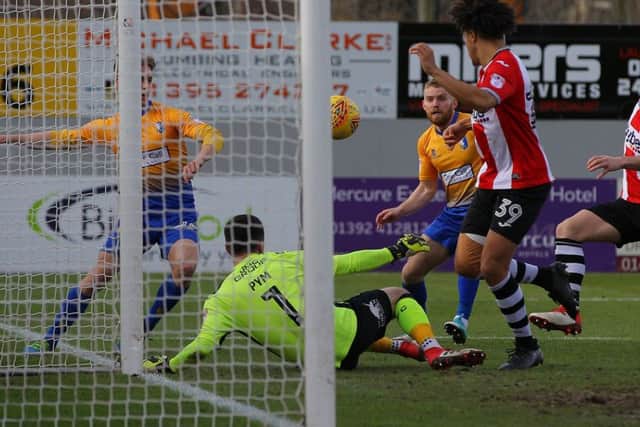 Picture by Gareth Williams/AHPIX.com; Football; Sky Bet League Two; Exeter City v Mansfield Town; 17/2/18  KO 15.00; St James Park; copyright picture; Howard Roe/AHPIX.com; Mansfield's Danny Rose hits the post early on