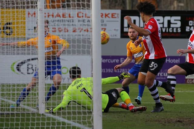 Picture by Gareth Williams/AHPIX.com; Football; Sky Bet League Two; Exeter City v Mansfield Town; 17/2/18  KO 15.00; St James Park; copyright picture; Howard Roe/AHPIX.com; Mansfield's Danny Rose hits the post early on
