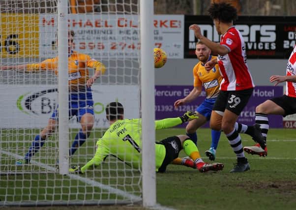 Picture by Gareth Williams/AHPIX.com; Football; Sky Bet League Two; Exeter City v Mansfield Town; 17/2/18  KO 15.00; St James Park; copyright picture; Howard Roe/AHPIX.com; Mansfield's Danny Rose hits the post early on