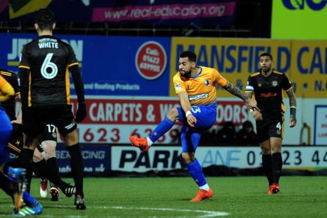 Mansfield Town v Newport CountyKane Hemmings takes a pop at goal in the second half.