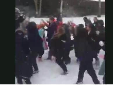 Pupils pelt head with snowballs.