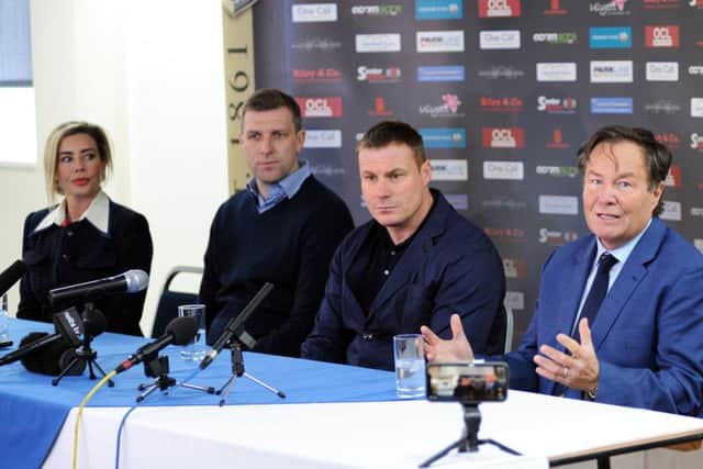 Mansfield Town owner, John Radford, with new manager David Flitcroft at the One Call Stadium press call on Thursday, also pictured are from left, Caroline Radford the Chief Executive and new assistant manager Ben Futcher.