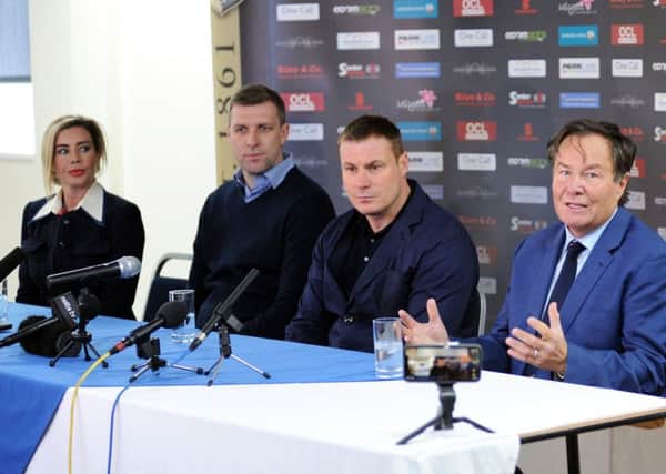 Mansfield Town owner, John Radford, with new manager David Flitcroft at the One Call Stadium press call on Thursday, also pictured are from left, Caroline Radford the Chief Executive and new assistant manager Ben Futcher.
