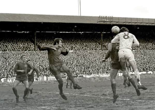 1970 Stags v Leeds at Elland Road in FA Cup  Alan Clarke gets above the Stags defence. Stags players from the left are Stuart Boam, Nick Sharkey, Phil Waller and Sandy Pate
Stags lost 2-0